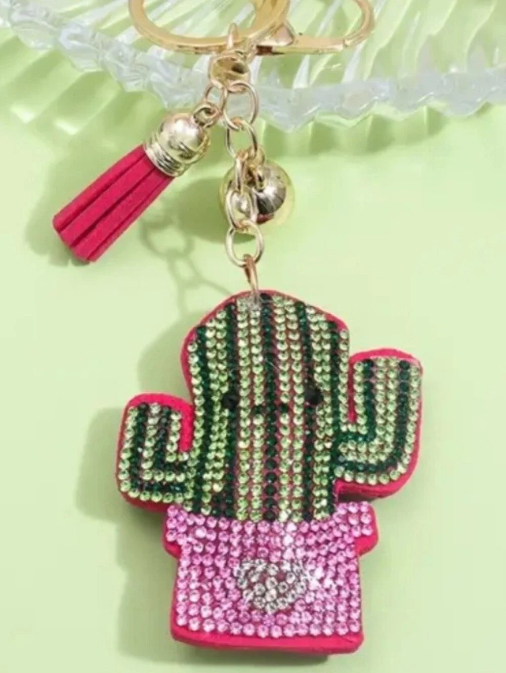 Western Cactus Crystal Rhinestone Keychain Bag Charm With Pink Tassel